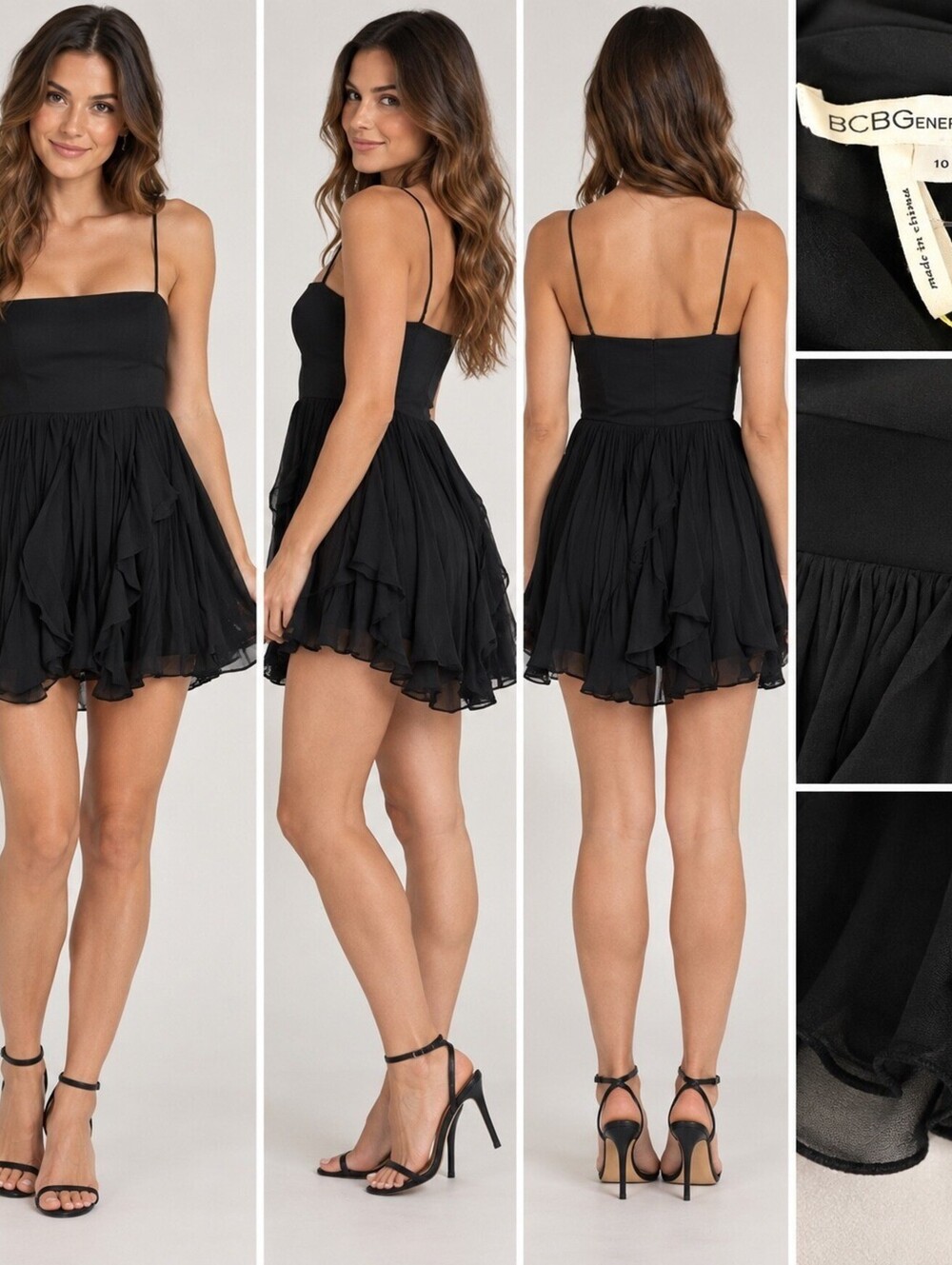 BCBGeneration Black Pleated Mini Dress with Spaghetti Straps